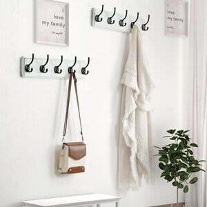 New Coat Rack Wall Mounted with 5 Coat Hooks - Heavy Duty Wooden, White & Black